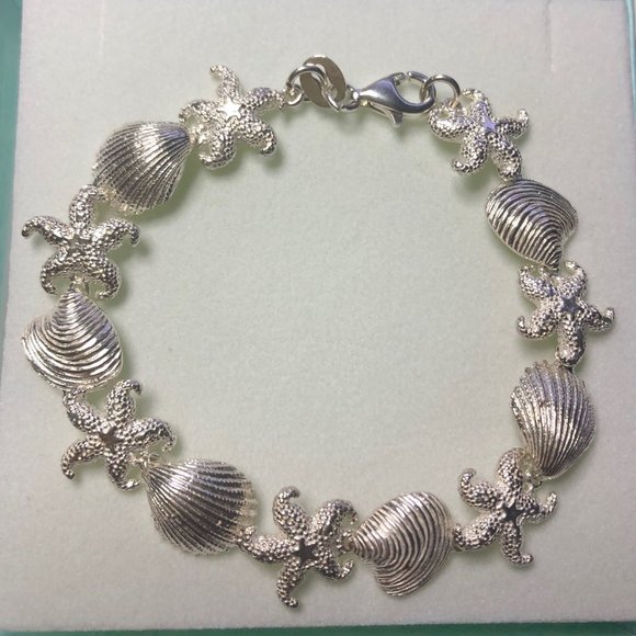 Sterling Silver 7.5" Starfish, Scallop, Clam Shell Bracelet - Picture 1 of 3